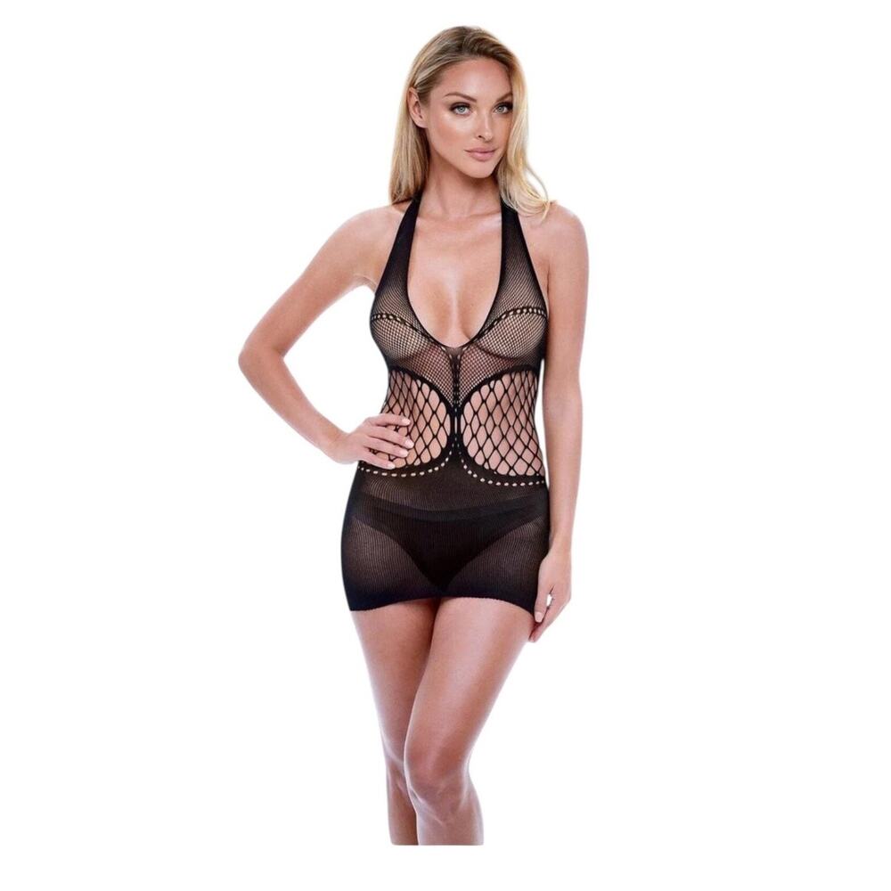 Baci Black Halter Fishnet Mini Dress NIP One Size OS 2-14 Sexy Lingerie
